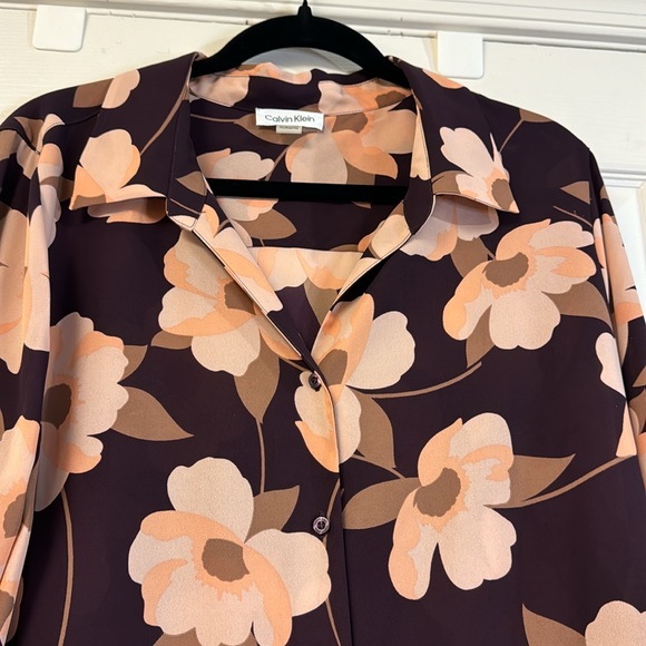Calvin Klein purple tan floral button down business casual office work top XL - Picture 5 of 8